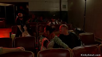 Master With Huge Dick Fucks Brunette Slut On Her Knees Then Gangbang Fucks Her With Stranger In Public Adult Theater thumbnail