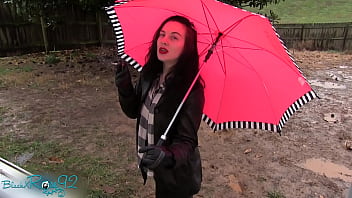 Leather Gloved Smoking In The Rain Smoke Fetish Outdoors Wellingtons Rain Boots Leather Jacket And Leather Gloves Red Lipstick thumbnail