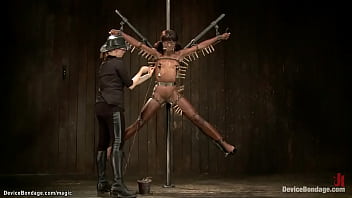 Strapped Legs Together And Neck Chained To The Floor In Bent Forward Position With Hands In Strappado Blonde Ranie Mae Whipped Then Ebony Ana Foxxx Zippered By Lezdom Claire Adams thumbnail
