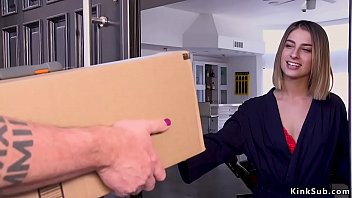 Delivery Man Brings Package To Hot Brunette Babe Kristen Scott While She Trying Her New Christmass Lingerie And Then Ties Her In Red Rope And Vibrates thumbnail